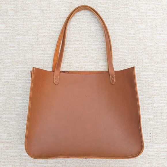 Oversized Hand-Stitched Veg-Tan Leather Tote (16” × 12.5” × 4.5”) - Picture 3 of 14